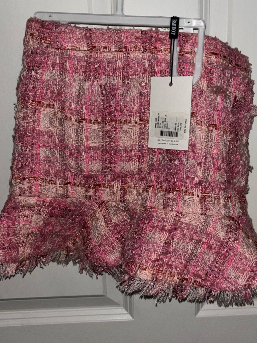 Bardot Jr girls size 7 Textured Pink Tweed Mini Skirt with Frayed Hem NWT